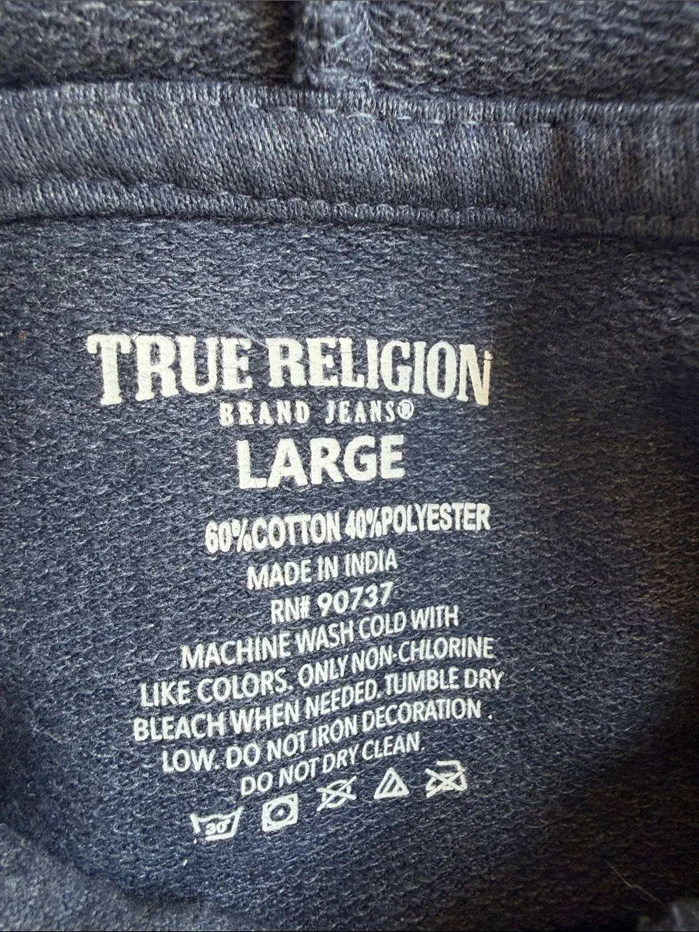 True Religion Buddha Graphic Pullover Hoodie Navy Blue Gold Logo Sleeve Large